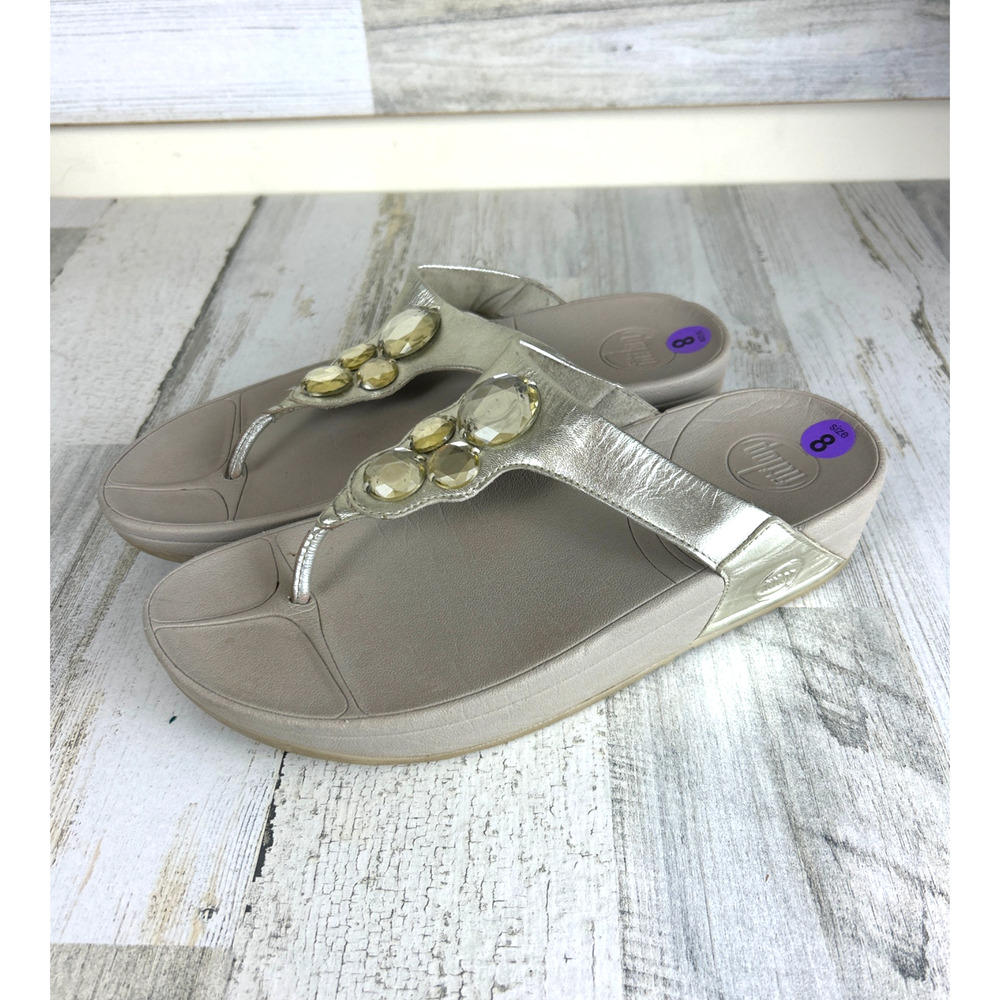FitFlop Lunetta Womens 8 Silver Jeweled Leather Arch Support Sandals Luxe Slip